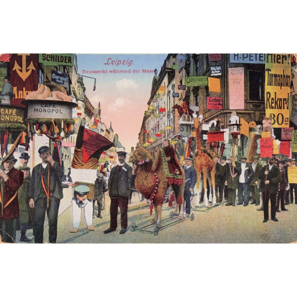 Leipzig Germany Neumarkt Messe Trade Fair Parade Camel Advertising Vtg Postcard - Picture 1 of 2